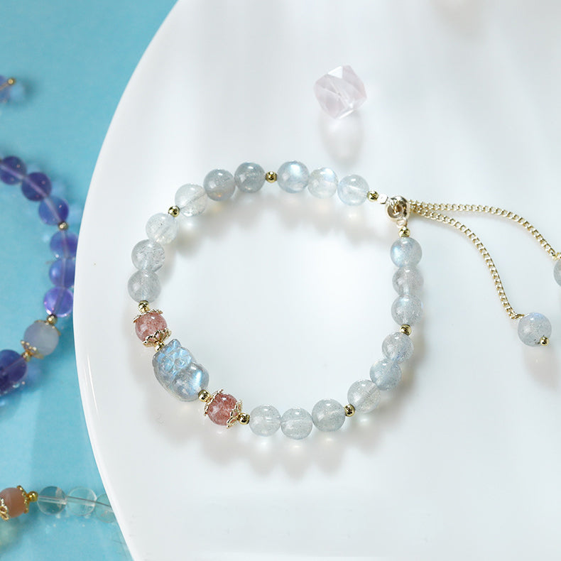 Aquamarine Strawberry Quartz Amethyst Moonstone PiXiu Healing Bracelet