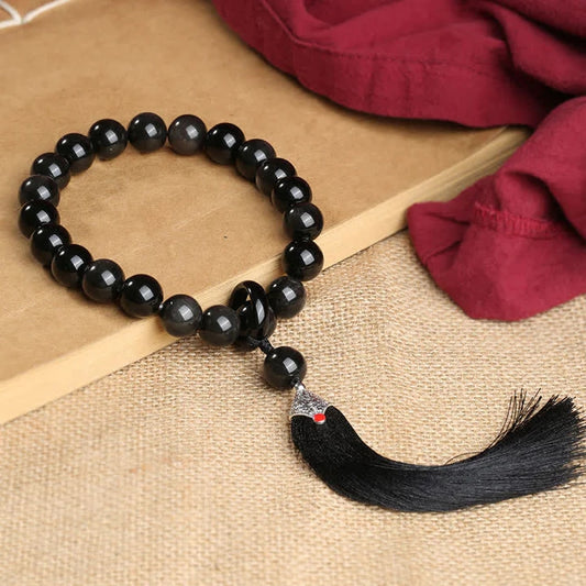 Black Obsidian Silver Sheen Obsidian Purification Tassel Wrist Mala - Fortune & Karma