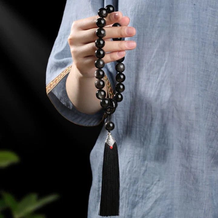 Black Obsidian Silver Sheen Obsidian Purification Tassel Wrist Mala - Fortune & Karma