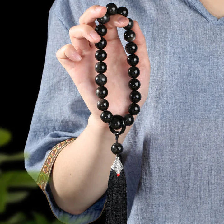 Black Obsidian Silver Sheen Obsidian Purification Tassel Wrist Mala - Fortune & Karma