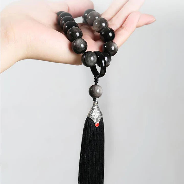 Black Obsidian Silver Sheen Obsidian Purification Tassel Wrist Mala - Fortune & Karma