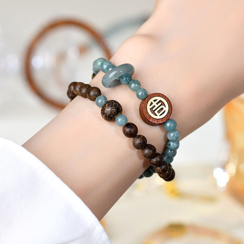 Blue Jade Agarwood Fortune Bracelet