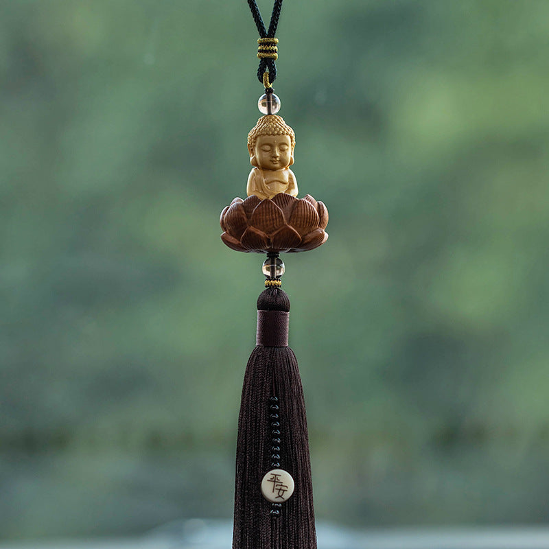 Fortune & Karma Boxwood Buddha Lotus Statue Peace Serene Blessings Car Pendant