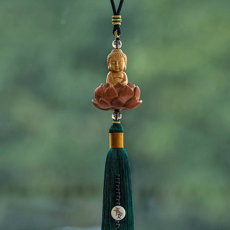 Fortune & Karma Boxwood Buddha Lotus Statue Peace Serene Blessings Car Pendant