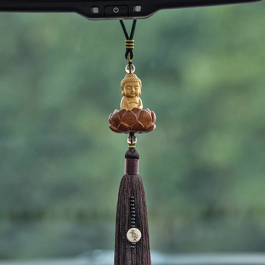 Fortune & Karma Boxwood Buddha Lotus Statue Peace Serene Blessings Car Pendant