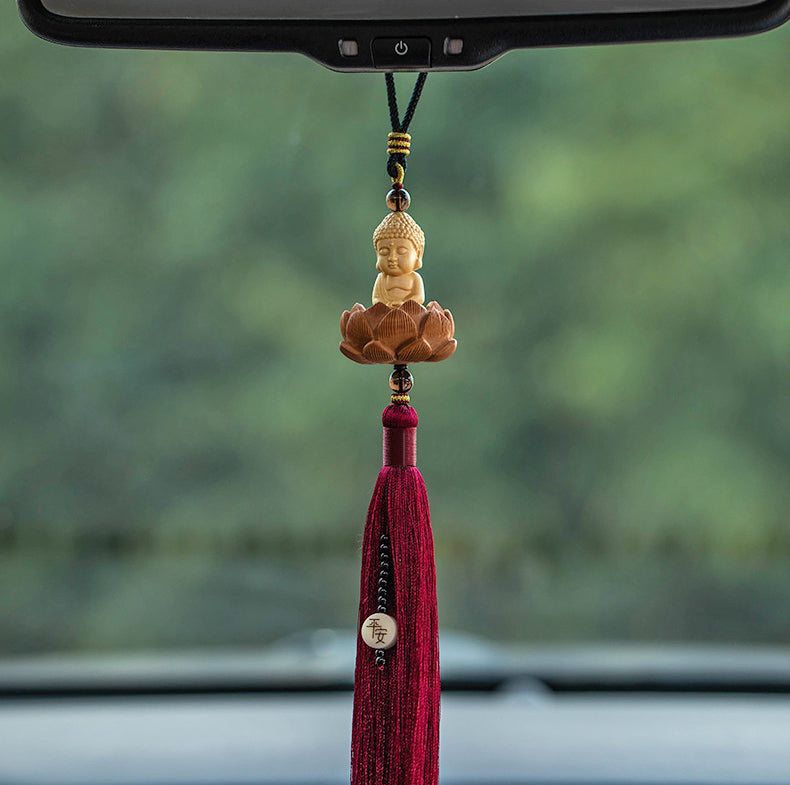 Fortune & Karma Boxwood Buddha Lotus Statue Peace Serene Blessings Car Pendant