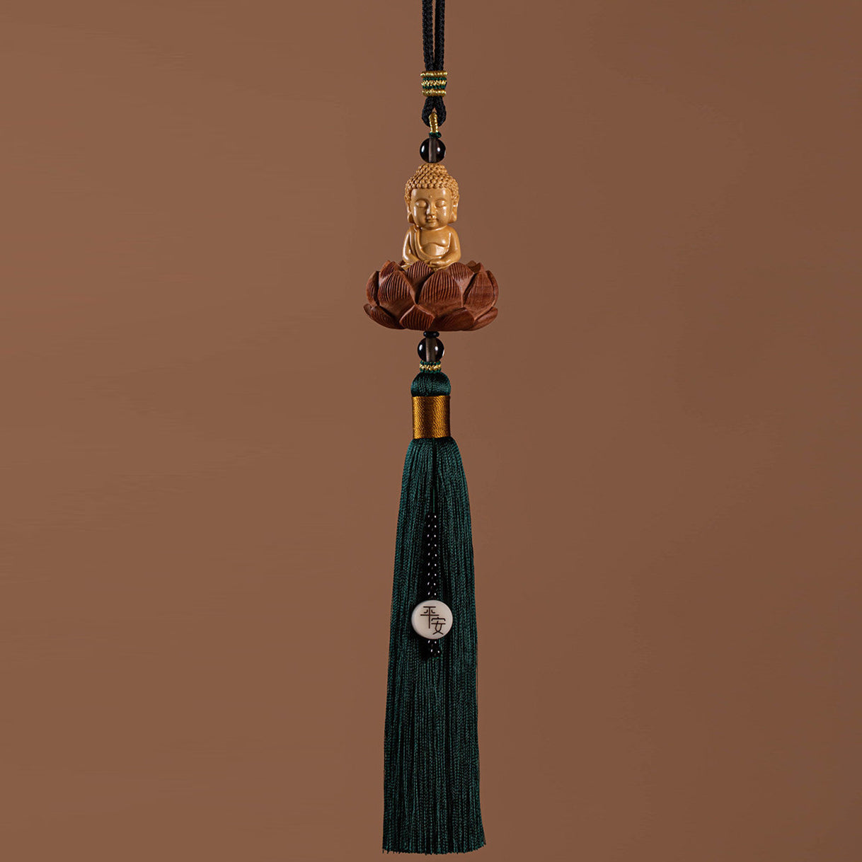 Fortune & Karma Boxwood Buddha Lotus Statue Peace Serene Blessings Car Pendant