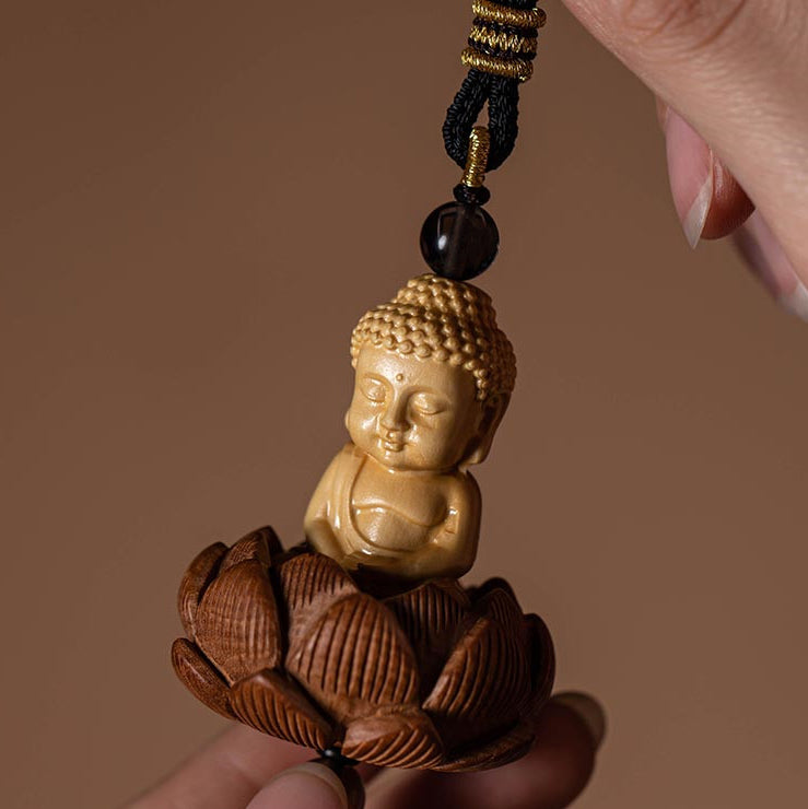 Fortune & Karma Boxwood Buddha Lotus Statue Peace Serene Blessings Car Pendant
