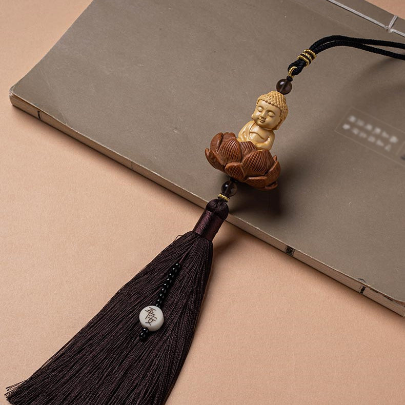 Fortune & Karma Boxwood Buddha Lotus Statue Peace Serene Blessings Car Pendant