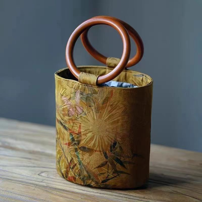 Fortune & Karma Ethnic style circular wooden handle Fortune Bucket Bag