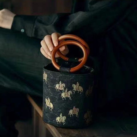 Fortune & Karma Ethnic style circular wooden handle Fortune Bucket Bag