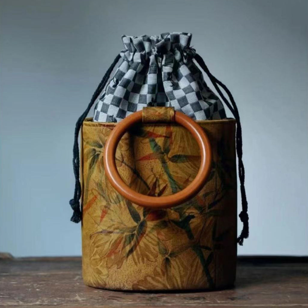 Fortune & Karma Ethnic style circular wooden handle Fortune Bucket Bag