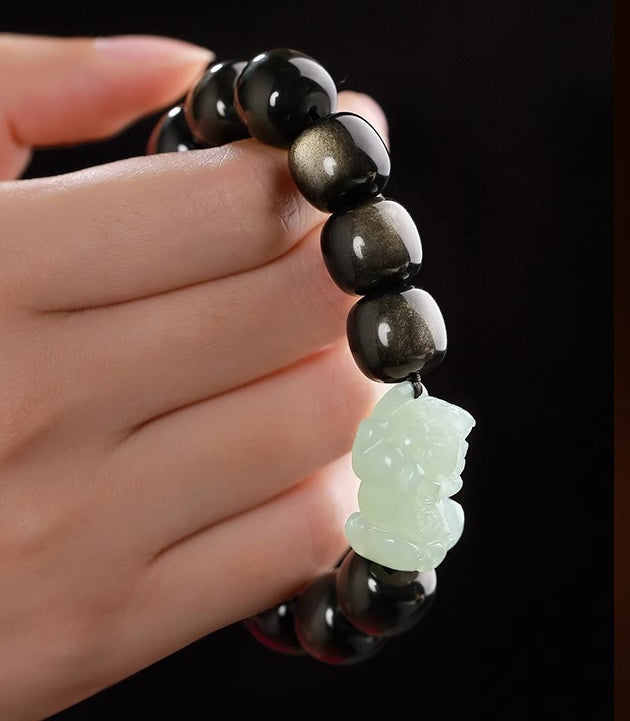 Gold Obsidian Pixiu Mantra Wealth Bracelet