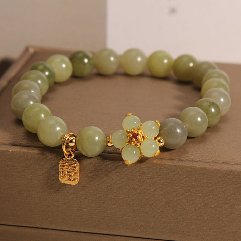 Fortune & Karma Green Jade Flower Fu Character Charm Luck Bracelet