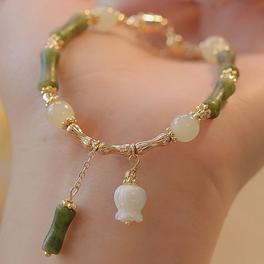 Jade Bamboo Leaf Lily of the Valley Pattern Luck Abundance Bracelet - Fortune & Karma