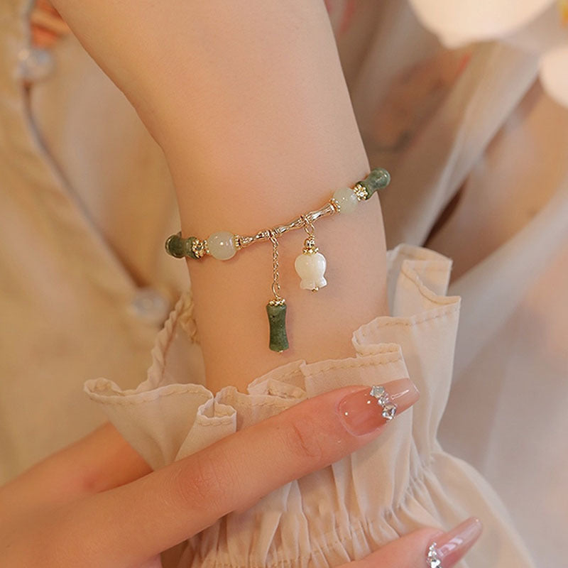 Jade Bamboo Leaf Lily of the Valley Pattern Luck Abundance Bracelet - Fortune & Karma