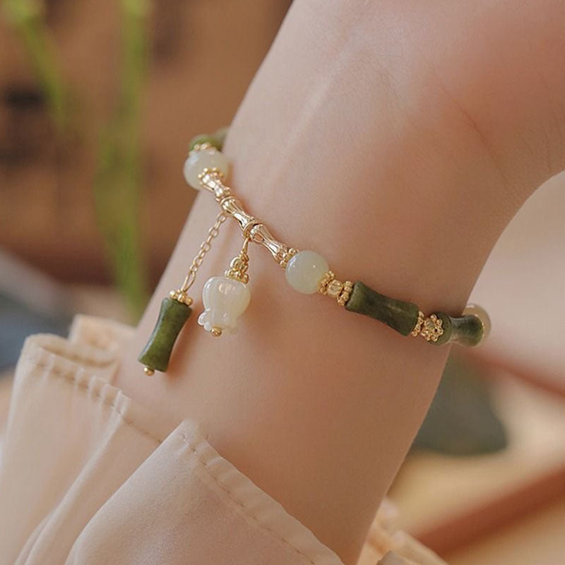 Jade Bamboo Leaf Lily of the Valley Pattern Luck Abundance Bracelet - Fortune & Karma