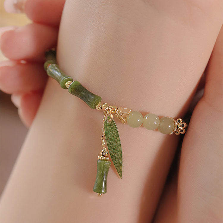 Jade Bamboo Leaf Lily of the Valley Pattern Luck Abundance Bracelet - Fortune & Karma