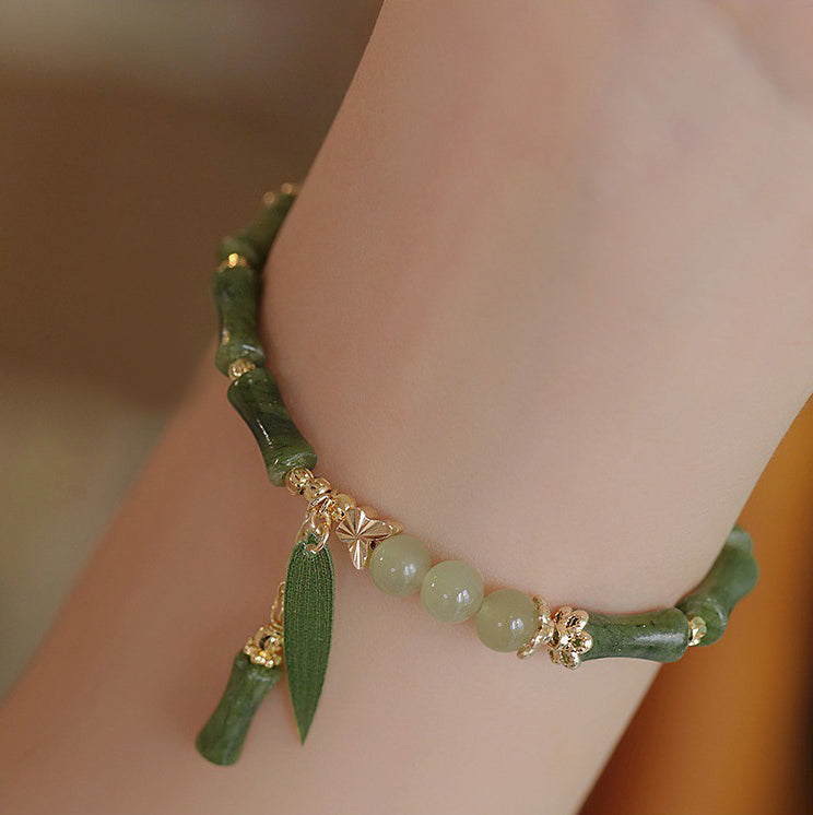 Jade Bamboo Leaf Lily of the Valley Pattern Luck Abundance Bracelet - Fortune & Karma
