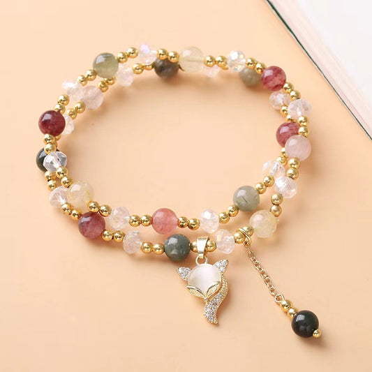 Multicolored Rutilated Quartz Fox Protection Double Wrap Bracelet - Fortune & Karma