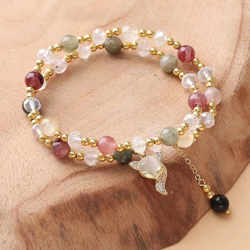 Multicolored Rutilated Quartz Fox Protection Double Wrap Bracelet - Fortune & Karma