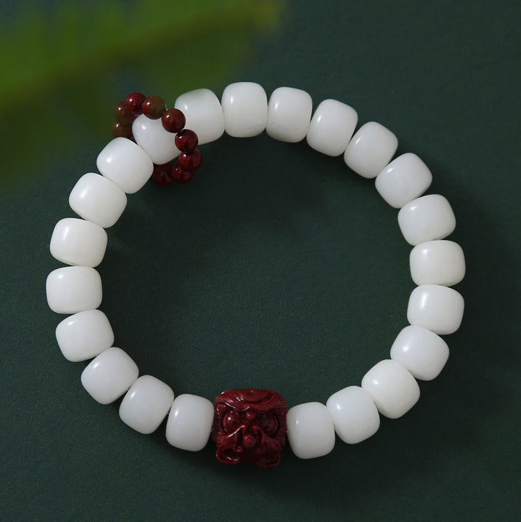 Natural Bodhi Seed Cinnabar Dancing Lion Charm Wisdom Harmony Wrist Mala - Fortune & Karma