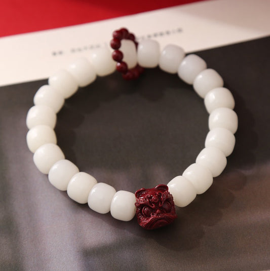 Natural Bodhi Seed Cinnabar Dancing Lion Charm Wisdom Harmony Wrist Mala - Fortune & Karma
