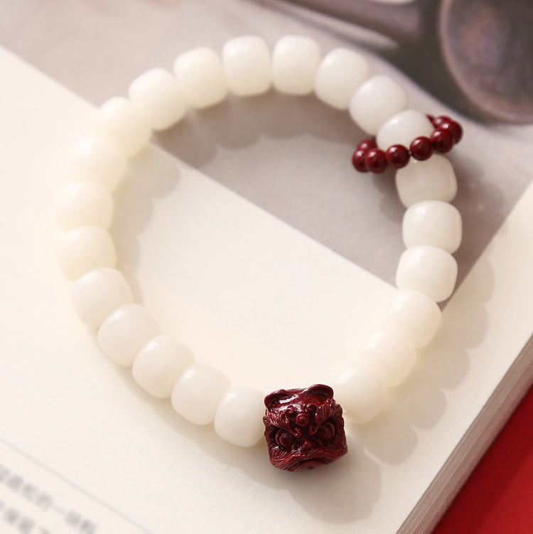 Natural Bodhi Seed Cinnabar Dancing Lion Charm Wisdom Harmony Wrist Mala - Fortune & Karma