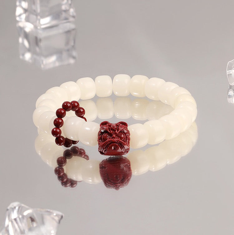 Natural Bodhi Seed Cinnabar Dancing Lion Charm Wisdom Harmony Wrist Mala - Fortune & Karma