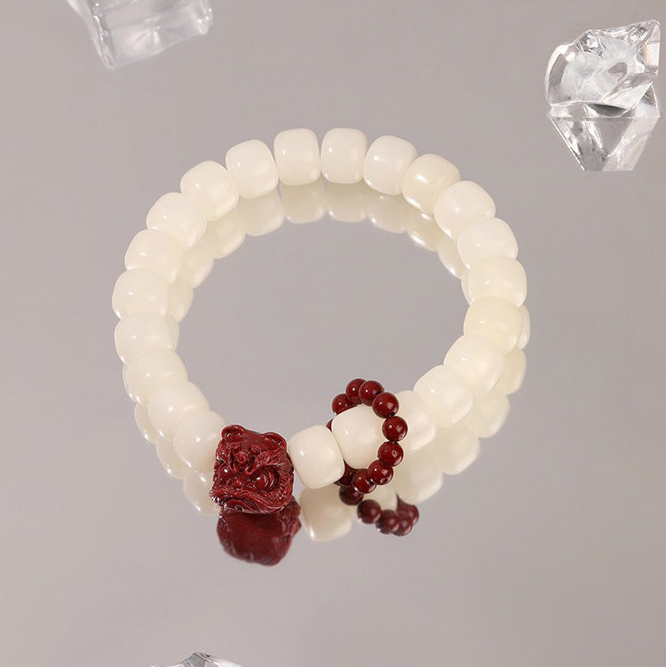 Natural Bodhi Seed Cinnabar Dancing Lion Charm Wisdom Harmony Wrist Mala - Fortune & Karma