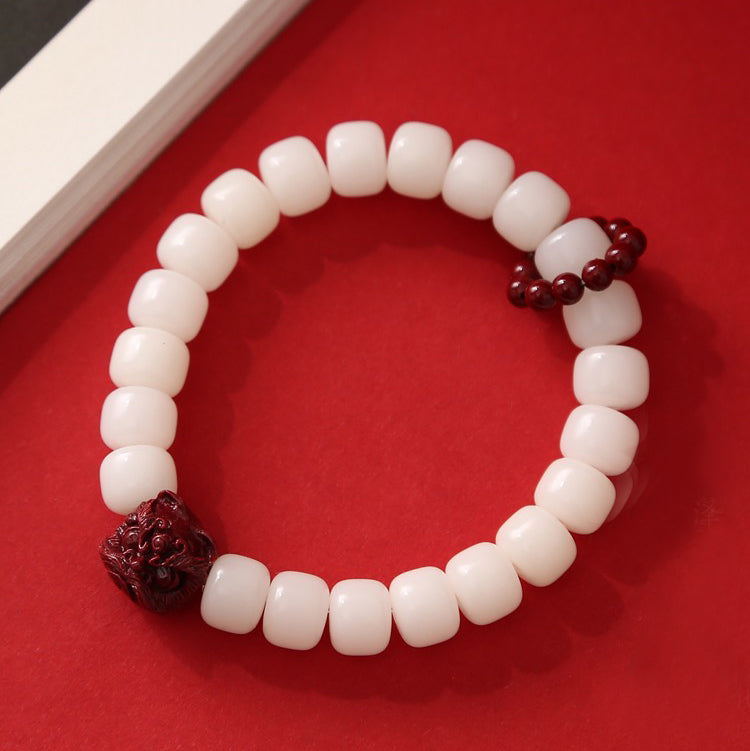Natural Bodhi Seed Cinnabar Dancing Lion Charm Wisdom Harmony Wrist Mala - Fortune & Karma