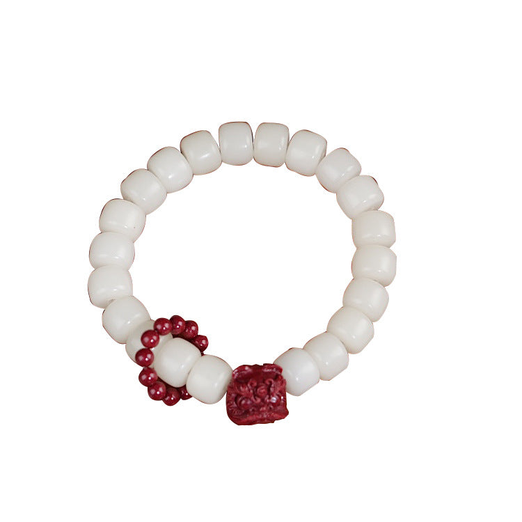 Natural Bodhi Seed Cinnabar Dancing Lion Charm Wisdom Harmony Wrist Mala - Fortune & Karma