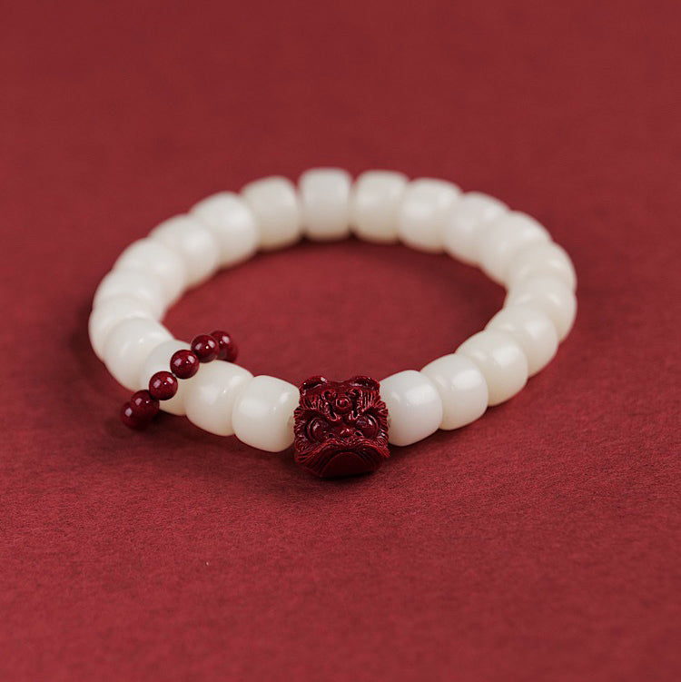 Natural Bodhi Seed Cinnabar Dancing Lion Charm Wisdom Harmony Wrist Mala - Fortune & Karma