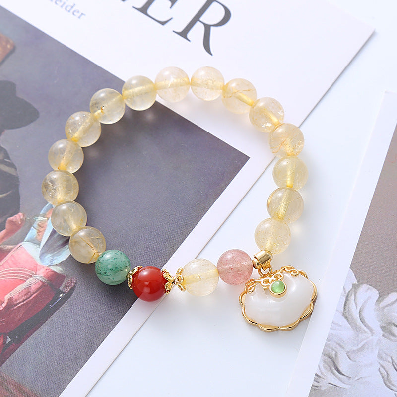 Natural Citrine White Jade Strawberry Quartz Protection Charm Bracelet