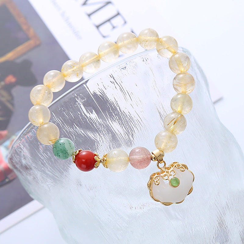 Natural Citrine White Jade Strawberry Quartz Protection Charm Bracelet