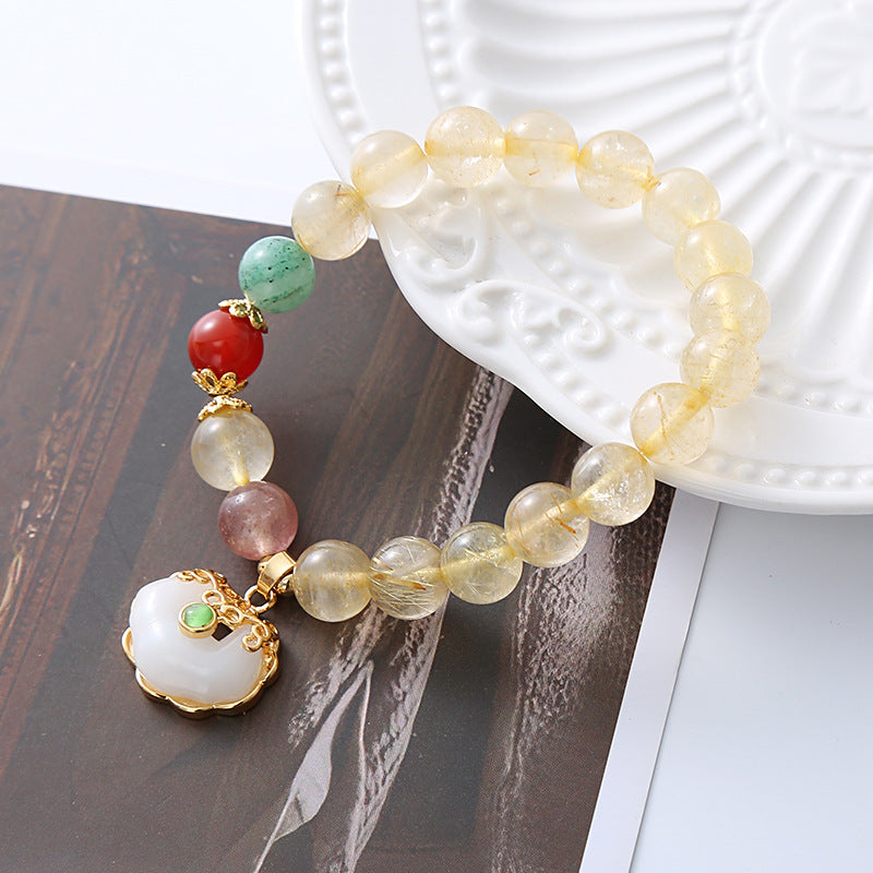 Natural Citrine White Jade Strawberry Quartz Protection Charm Bracelet