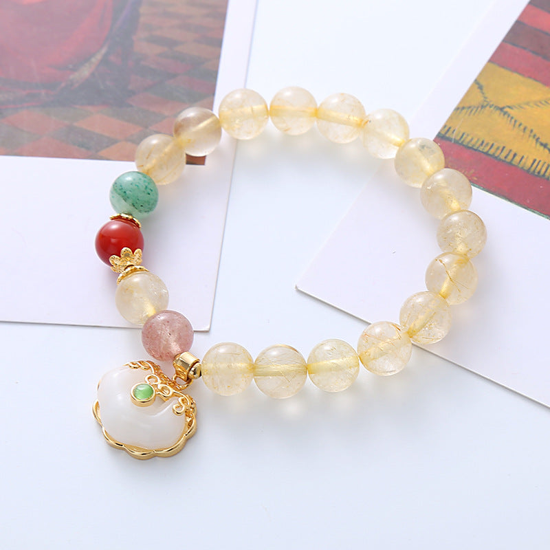 Natural Citrine White Jade Strawberry Quartz Protection Charm Bracelet