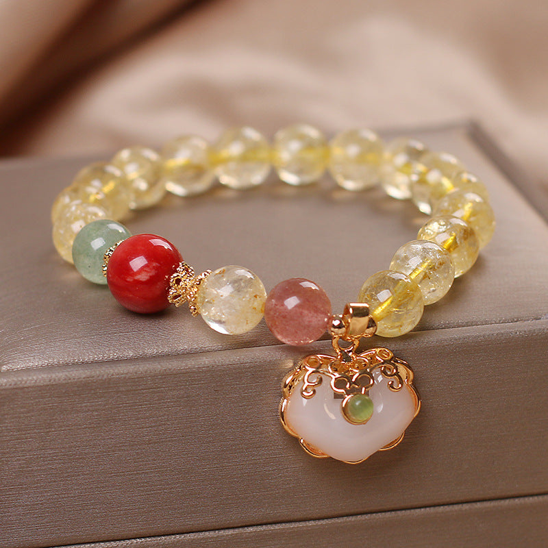 Natural Citrine White Jade Strawberry Quartz Protection Charm Bracelet