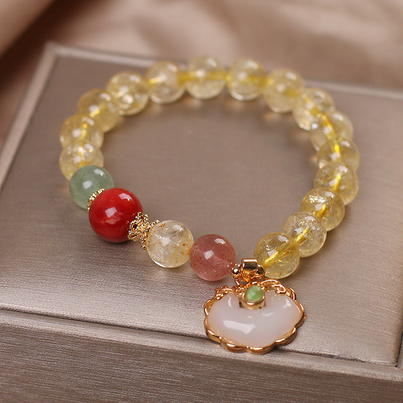 Natural Citrine White Jade Strawberry Quartz Protection Charm Bracelet