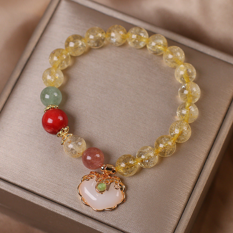 Natural Citrine White Jade Strawberry Quartz Protection Charm Bracelet