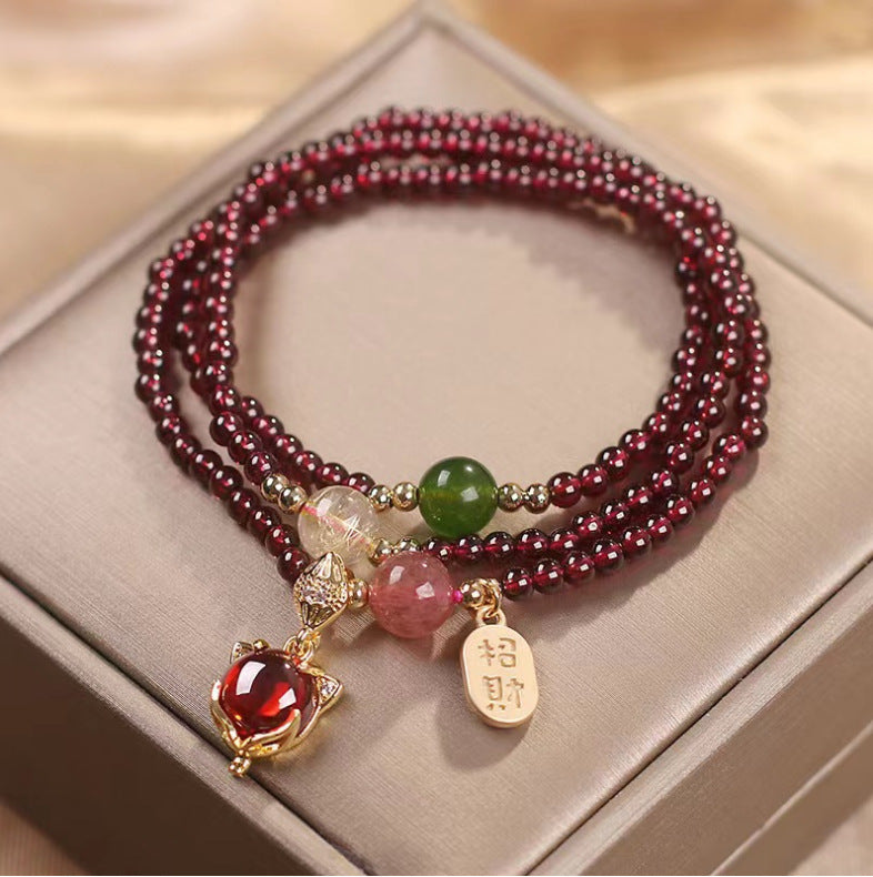 Natural Garnet Strawberry Quartz Crystal Fox Peace Buckle Fortune Protection Triple Wrap Bracelet