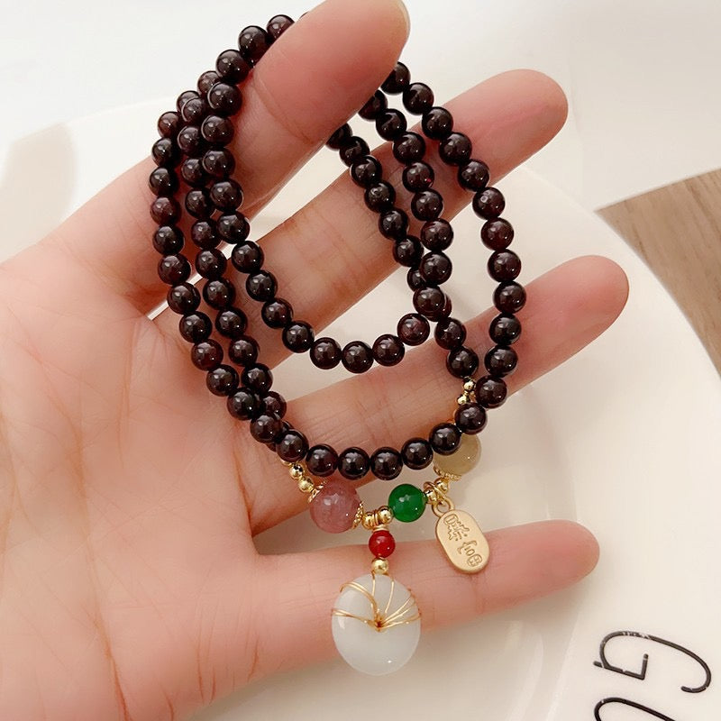 Natural Garnet Strawberry Quartz Crystal Fox Peace Buckle Fortune Protection Triple Wrap Bracelet