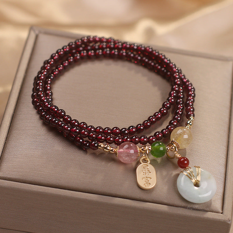 Natural Garnet Strawberry Quartz Crystal Fox Peace Buckle Fortune Protection Triple Wrap Bracelet
