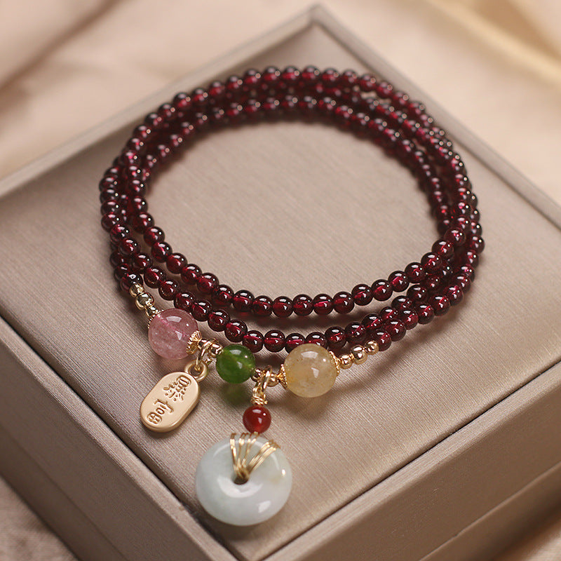 Natural Garnet Strawberry Quartz Crystal Fox Peace Buckle Fortune Protection Triple Wrap Bracelet