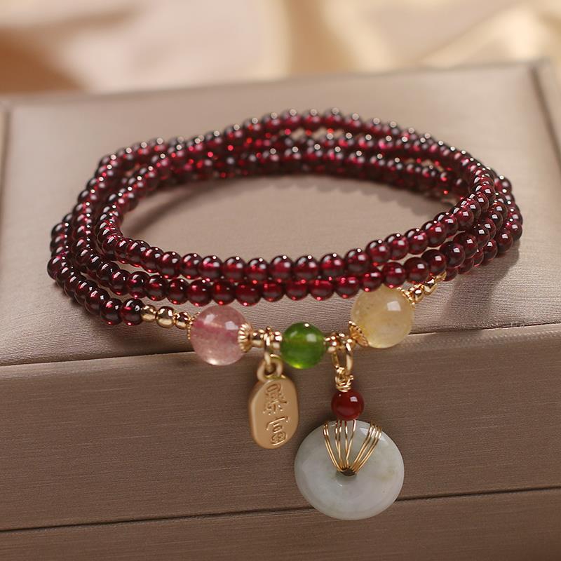 Natural Garnet Strawberry Quartz Crystal Fox Peace Buckle Fortune Protection Triple Wrap Bracelet