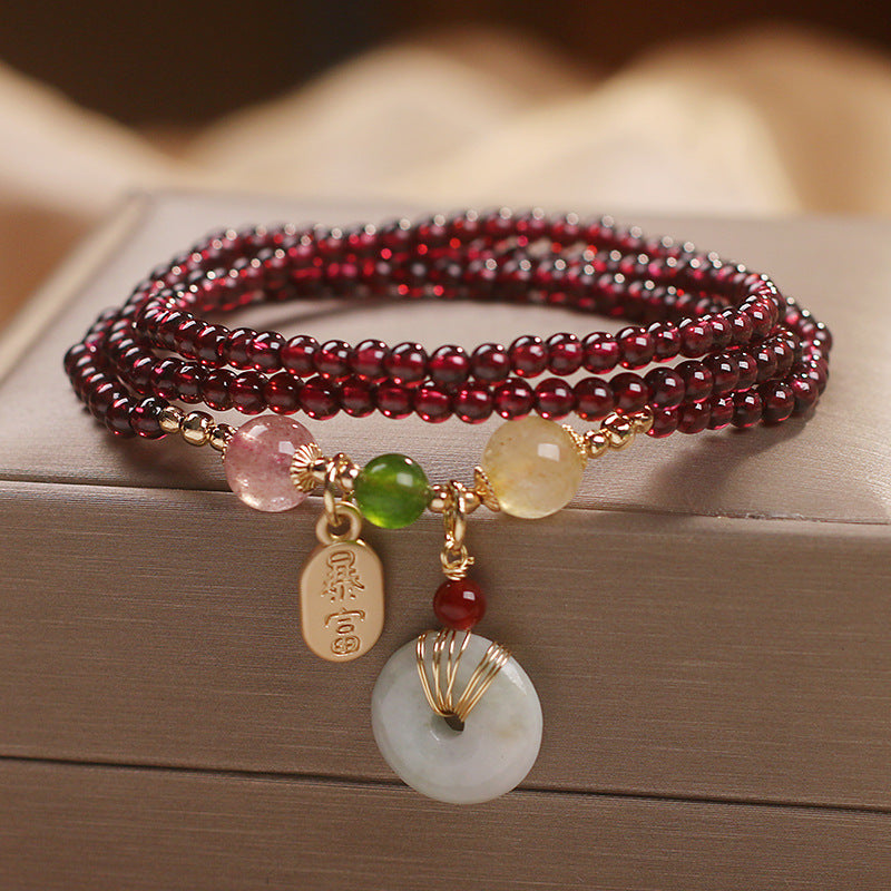 Natural Garnet Strawberry Quartz Crystal Fox Peace Buckle Fortune Protection Triple Wrap Bracelet