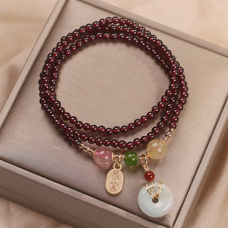 Natural Garnet Strawberry Quartz Crystal Fox Peace Buckle Fortune Protection Triple Wrap Bracelet