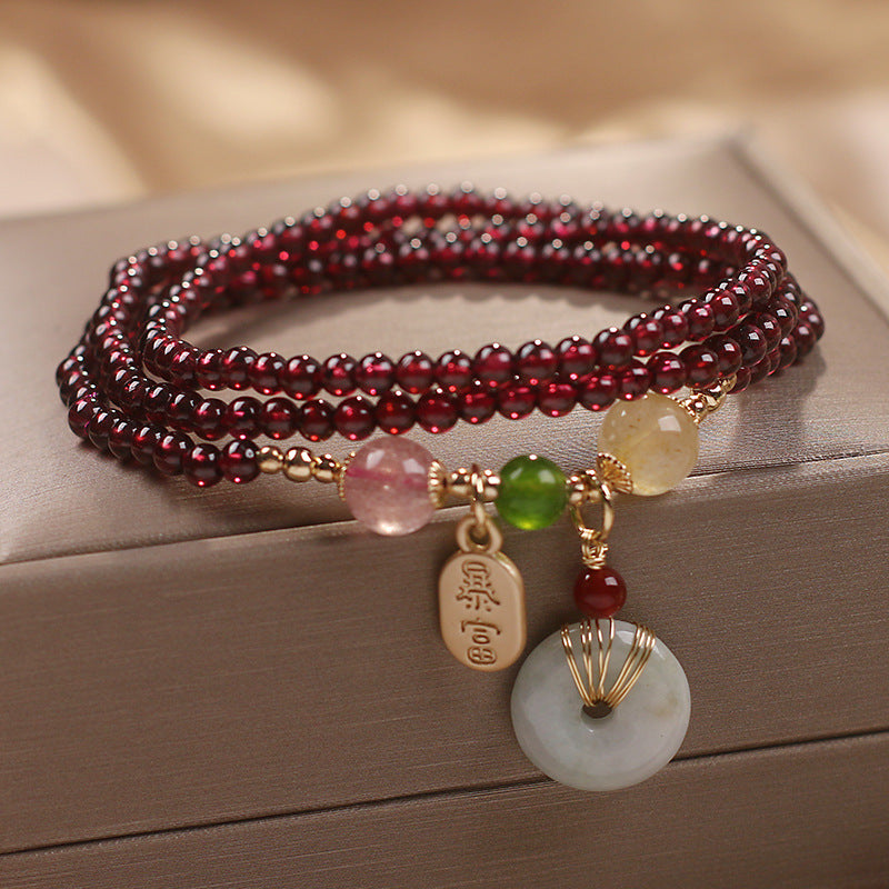 Natural Garnet Strawberry Quartz Crystal Fox Peace Buckle Fortune Protection Triple Wrap Bracelet
