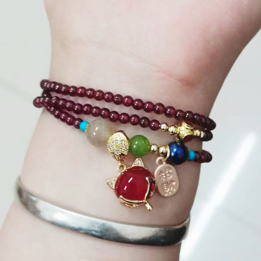 Natural Garnet Strawberry Quartz Crystal Fox Peace Buckle Fortune Protection Triple Wrap Bracelet