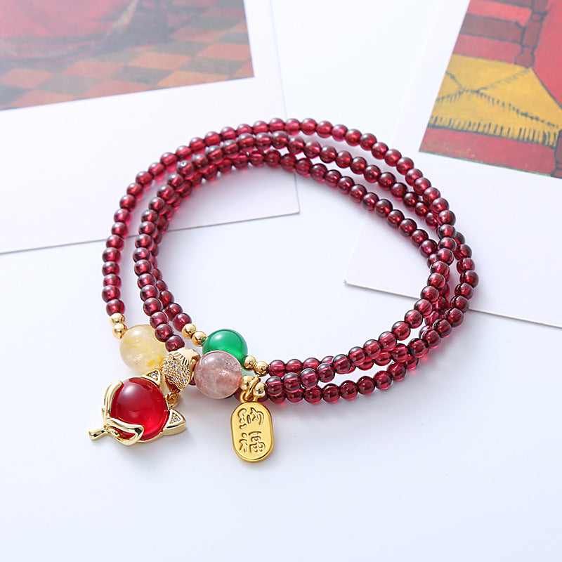 Natural Garnet Strawberry Quartz Crystal Fox Peace Buckle Fortune Protection Triple Wrap Bracelet